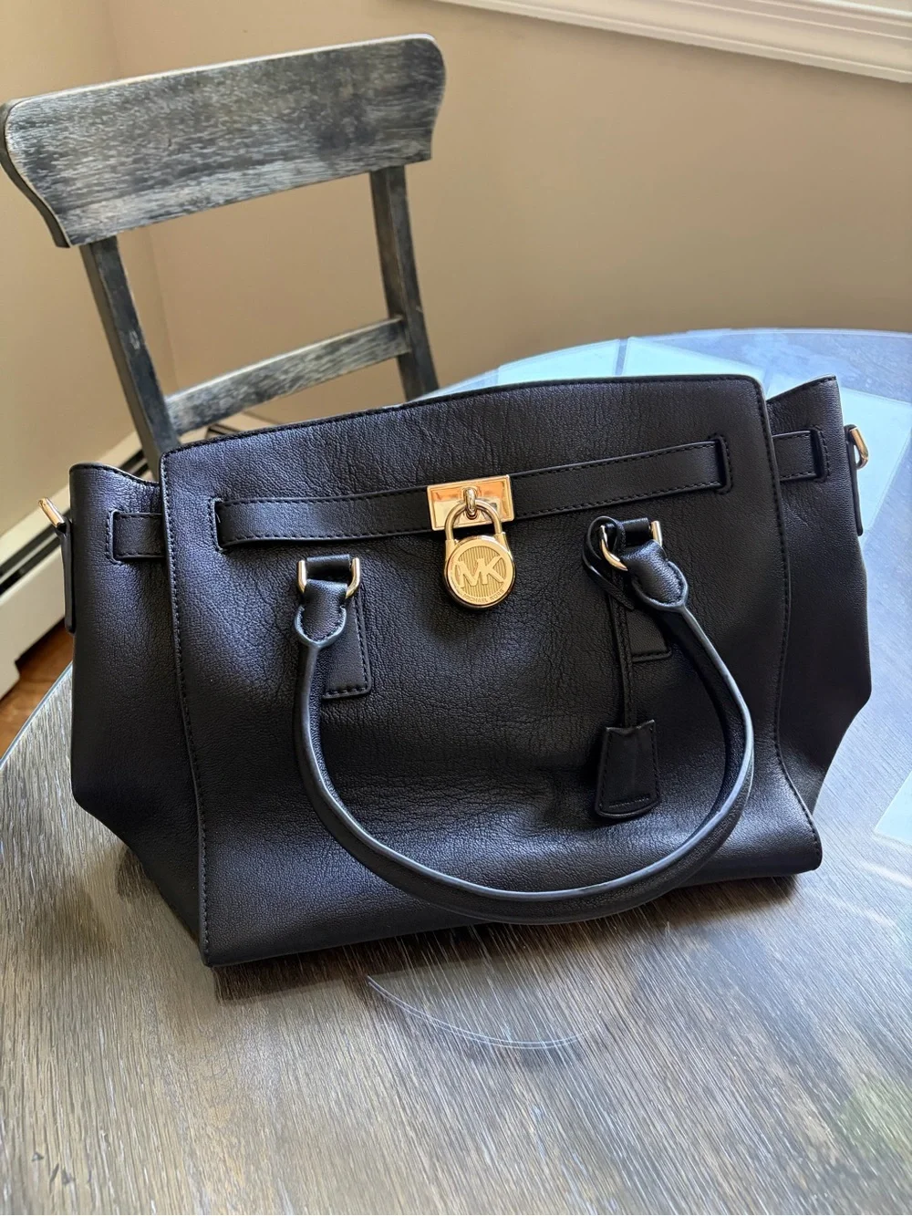 Michael Kors Black Leather Satchel with Gold Logo Lock